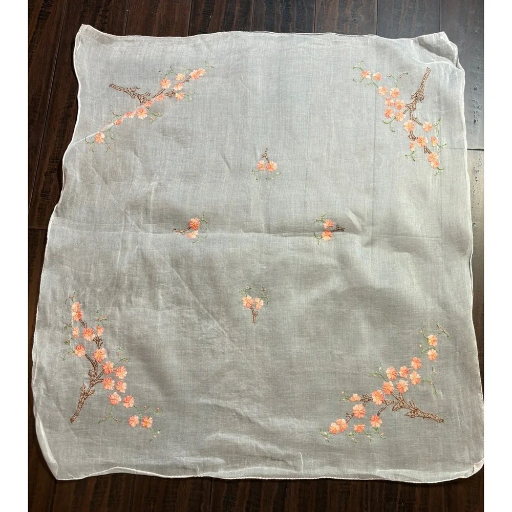 Embroidered Cherry Blossom Sheer Tablecloth Dresser Scarf Tree Handmade Vintage